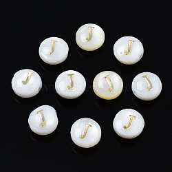 Natural Freshwater Shell Beads, with Golden Plated Brass Etched Metal Embellishments, Flat Round with Letter, Seashell Color, Letter.J, 6x4mm, Hole: 0.8mm(SHEL-S278-036J)