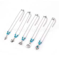 Synthetic Turquoise Charms Anklets, with Tibetan Style Alloy Pendants, 304 Stainless Steel Findings and Iron Eye Pin, Mixed Shapes, Antique Silver & Platinum, 9-7/8 inch(25.1cm), Pendant: 12~20x7~15x1.5~4mm(AJEW-AN00234)
