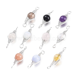 Natural & Synthetic Mixed Gemstone Links Connectors, Wire Wrapped Links, with Platinum Tone Brass Wires, Round, 34x11x10mm, Hole: 2.5mm(G-K305-A-P)