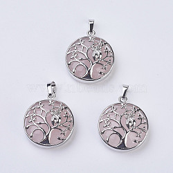 Natural Rose Quartz Pendants, with Brass Findings, Flat Round with Tree of Life, Platinum, 31~32x27x8~9mm, Hole: 5x7mm(G-K234-E11)