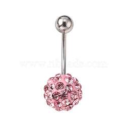 Stainless Steel Body Jewelry, Belly Rings, with Polymer Clay Rhinestones, Round Ball Curved Barbell Navel Rings, Rose, 25~29.5x10mm, Bar Length: 1/2"(12mm), Pin: 17 Gauge(1.2mm), PP11(1.7~1.8mm)(AJEW-T007-01C)