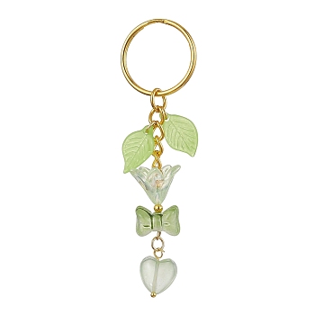 Bowknot & Heart Glass Pendant Decorations, with Acrylic Leaf/Flower Charm amd Iron Split Key Rings, Pale Green, 8.8cm
