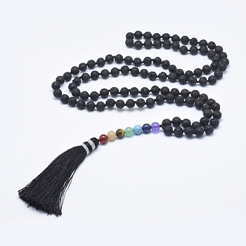 Nylon Tassel Pendant Necklace, with Natural Lava Rock Beads, 39.37 inch~44.49 inch(100~113cm)