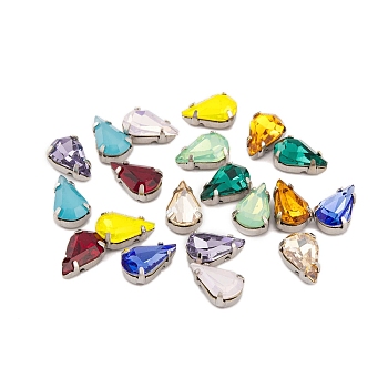 Sew on Rhinestone, K9 Glass Rhinestone, Platinum Tone Brass Prong Settings, Garments Accessories, Faceted, Teardrop, Mixed Color, 10x6x4mm, Hole: 0.9mm