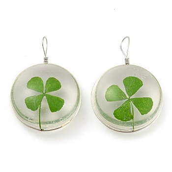 Platinum Brass with Glass Pendants, Clover Pattern Charms, Long-Lasting Plated, Flat Round, 34~36x24~25x11mm, Hole: 4x5~7mm