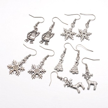 Christmas Theme Tibetan Style Alloy Dangle Earrings, with Brass Earring Hooks, Antique Silver, 41~46mm, Pin: 0.6mm