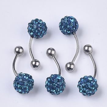 Stainless Steel Body Jewelry, Belly Rings, with Polymer Clay Rhinestones, Round Ball Curved Barbell Navel Rings, Light Sapphire, 25~29.5x10mm, Bar Length: 1/2"(12mm), Pin: 17 Gauge(1.2mm), PP11(1.7~1.8mm)