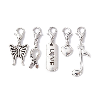 Alloy Pendant Decorations, with Lobster Claw Clasps, Butterfly/Awareness Ribbon/Heart/Rectangle/Musical Note, Antique Silver & Platinum, 22.5~37mm