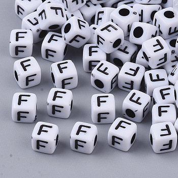 White Opaque Acrylic Beads, Horizontal Hole, Cube with Black Alphabet, Letter.F, 4~5x4~5x4~5mm, Hole: 1.8mm, about 255~260pcs/20g