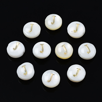 Natural Freshwater Shell Beads, with Golden Plated Brass Etched Metal Embellishments, Flat Round with Letter, Seashell Color, Letter.J, 6x4mm, Hole: 0.8mm