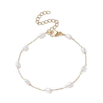 Glass Pearl Link Chain Bracelet, 316 Surgical Stainless Steel Jewelry for Women, Golden, 7 inch(17.7cm)
