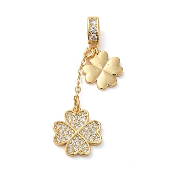 Brass Micro Pave Clear Cubic Zirconia European Dangle Charms, Large Hole Heart Clover Pendants, Real 18K Gold Plated, 36.5x12x1.5mm, Hole: 3x4.5mm