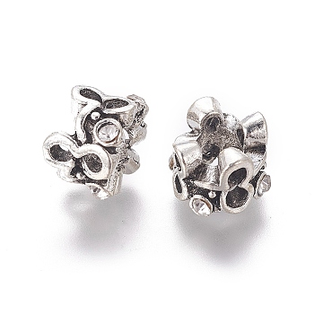Alloy European Beads, Large Hole Beads, with Rhinestone, Crystal, Antique Silver, 10x8mm, Hole: 5mm