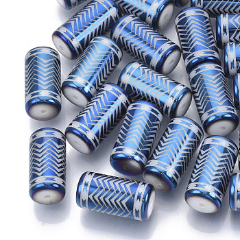 Electroplate Glass Beads, Column with Chevron Pattern, Dodger Blue, 20x10mm, Hole: 1.2mm, about 50pcs/bag