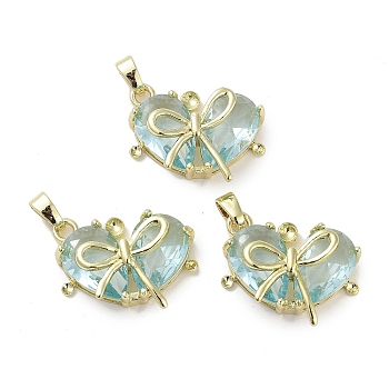Real 18K Gold Plated Brass Glass Pendants, Heart with Bowknot Charm, Lead Free & Cadmium Free, Long-Lasting Plated, Pale Turquoise, 14x19x6mm, Hole: 2.5x4mm