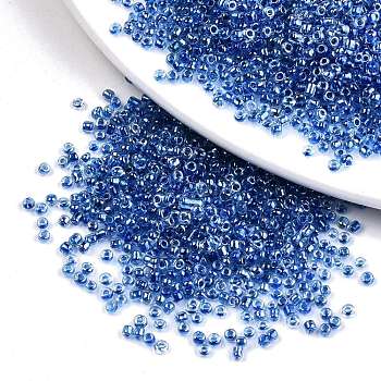 12/0 Glass Seed Beads, Transparent Inside Colours Luster, Round Hole, Round, Blue, 12/0, 2~2.5x1.5~2mm, Hole: 0.8mm, about 6666pcs/100g