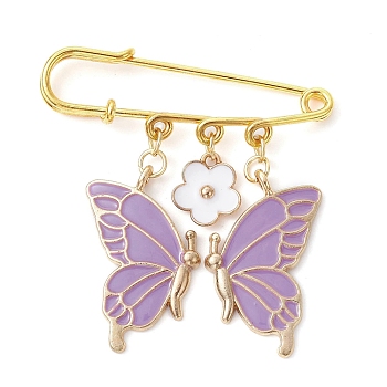 Butterfly & Flower Charm Alloy Enamel Brooches for Women, Iron Safety Pin Brooch, Kilt Pins, Medium Orchid, 50mm
