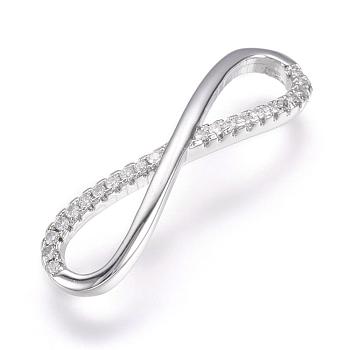 Brass Micro Pave Cubic Zirconia Links, Real Platinum Plated, Infinity, 6.5x25x2mm, Hole: 4x8mm