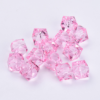 Transparent Acrylic Beads, Faceted, Cube, Pink, 8x8x7.5mm, Hole: 1.6mm, about 1730pcs/500g