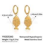 Elegant 304 Stainless Steel Fish Bone Dangle Hoop Earrings for Women, Real 18K Gold Plated, 42x14.6mm(EM8955-2)