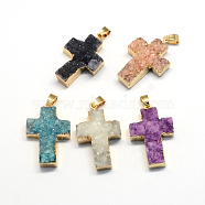 Plated Natural Druzy  Agate Cross Pendants, with Light Gold Plated Brass Findings, 34~38x23~25x7~14mm, Hole: 6x5mm(G-R275-06)