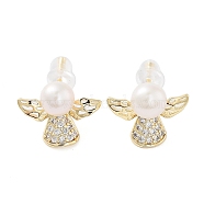 Natural Pearl Angel Stud Earrings, Brass Micro Pave Cubic Zirconia Earrings with 925 Sterling Silver Pins, Real 14K Gold Plated, 11x14mm(EJEW-P256-65G)