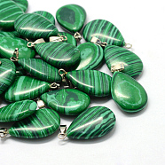Teardrop Dyed Synthetic Malachite Pendants, with Platinum Tone Brass Findings, 25~29x16~17x5~6mm, Hole: 2x7mm(G-Q368-01)