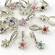 Flower Antique Silver Tone Alloy Rhinestone European Dangle Charms, Large Hole Pendants, Mixed Color, 13.5x9x3.5mm, Hole: 5.5x6.5mm(MPDL-S034-M)