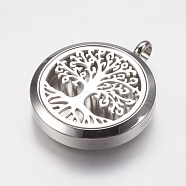 316 Surgical Stainless Steel Diffuser Locket Pendants, with Perfume Pad and Magnetic Clasp, Flat Round with Tree, Stainless Steel Color, 37x30x6mm, Hole: 5mm, Inner Diameter: 23mm, Perfume Pad: 22x3mm(STAS-J021-01)