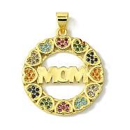 Mother's Day Brass Micro Pave Cubic Zirconia Pendants, Heart with Word Mom, Real 18K Gold Plated, 26x23.5x2mm, Hole: 5x3.5mm(KK-H472-04G-03)