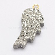 Electroplate Natural Druzy Quartz Crystal Pendants, with Brass Findings, Golden, Wing, Gray, 29.5x14x3.5~6.5mm, Hole: 1.5mm(G-F535-19C)