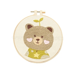 Animal Theme DIY Display Decoration Punch Embroidery Beginner Kit, Including Punch Pen, Needles & Yarn, Cotton Fabric, Threader, Plastic Embroidery Hoop, Instruction Sheet, Bear, 155x155mm(SENE-PW0003-073D)