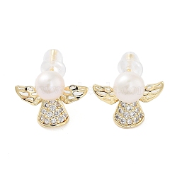 Natural Pearl Angel Stud Earrings, Brass Micro Pave Cubic Zirconia Earrings with 925 Sterling Silver Pins, Real 14K Gold Plated, 11x14mm(EJEW-P256-65G)