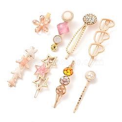 Imitation Pearl Iron Alligator Hair Clips Sets, with Acrylic and Resin, Mixed Shapes, Pink, 34~76x14.5~26x6~15mm, 8pcs/set(PHAR-P005-09)