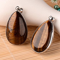 Natural Tiger Eye Teardrop Pendants, with Platinum Plated Brass Findings, 46x26x14mm, Hole: 6x4mm(G-L350-02B)
