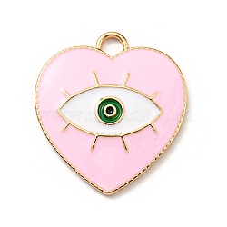 Alloy Enamel Pendants, Golden, Heart with Evil Eyes Charm, Pink, 26x24x2.5mm, Hole: 3mm(ENAM-D061-01G-02)