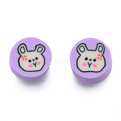 Handmade Polymer Clay Beads, Flat Round with Rabbit, Lilac, 8.5~9.5x4mm, Hole: 1.6mm(CLAY-N011-75)
