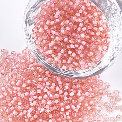 12/0 Grade A Round Glass Seed Beads, Transparent Inside Colours, Pink, 2x1.5mm, Hole: 0.7mm, about 48500pcs/pound(SEED-N001-D-9/212)