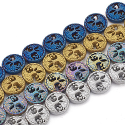 Electroplate Non-magnetic Synthetic Hematite Beads Strands, Matte Style, Flat Round with Tree of Life, Mixed Color, 12~12.5x4~4.5mm, Hole: 1mm, about 32pcs/strand, 15.74 inch(G-N0322-05)