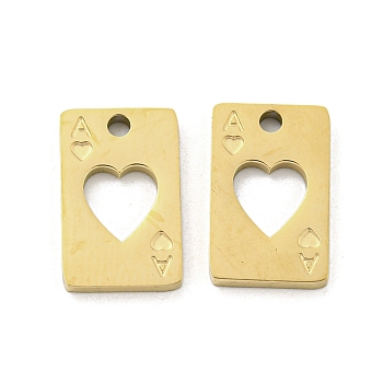 Ion Plating(IP) 316L Surgical Stainless Steel Charms, Laser Cut, Playing Card with Heart Charm, Real 18K Gold Plated, 14x8.5x1.5mm, Hole: 1.6mm