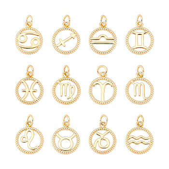 12Pcs 12 Style Brass Charms, Cadmium Free & Lead Free, Real 18K Gold Plated, Ring with Twelve Constellations, 12 Constellations, 14.5x12x2mm, Hole: 3.4mm, 1pc/style