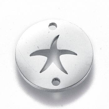 304 Stainless Steel Links connectors, Flat Round with Starfish, Stainless Steel Color, 12x1mm, Hole: 1.2mm