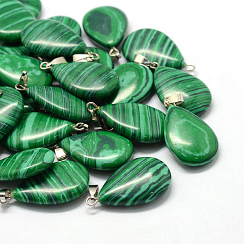 Teardrop Dyed Synthetic Malachite Pendants, with Platinum Tone Brass Findings, 25~29x16~17x5~6mm, Hole: 2x7mm