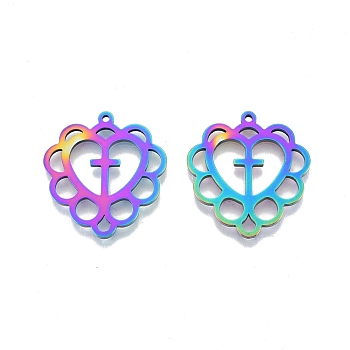 Ion Plating(IP) 201 Stainless Steel Pendants, Hollow, Heart with Cross, Rainbow Color, 26.5x25x1.5mm, Hole: 1.4mm