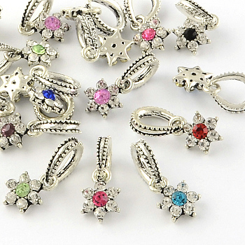 Flower Antique Silver Tone Alloy Rhinestone European Dangle Charms, Large Hole Pendants, Mixed Color, 13.5x9x3.5mm, Hole: 5.5x6.5mm