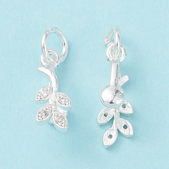 Rack Plating Brass Pave Cubic Zirconia Leaf Shape Ice Pick Pinch Bails, with Open Jump Rings, Cadmium Free & Lead Free, Long-Lasting Plated, Silver, 16.5x5.5x7mm, Hole: 4mm, Pin: 0.8mm