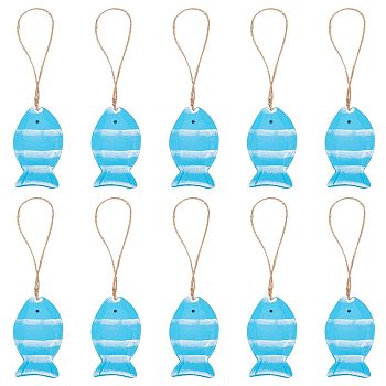 Wood Pendant Decorations, with Jute Rope, Fish, Dodger Blue, 166mm