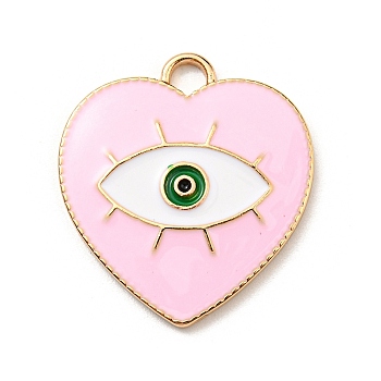 Alloy Enamel Pendants, Golden, Heart with Evil Eyes Charm, Pink, 26x24x2.5mm, Hole: 3mm