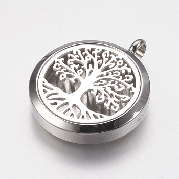 316 Surgical Stainless Steel Diffuser Locket Pendants, with Perfume Pad and Magnetic Clasp, Flat Round with Tree, Stainless Steel Color, 37x30x6mm, Hole: 5mm, Inner Diameter: 23mm, Perfume Pad: 22x3mm
