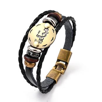 Braided Leather Cord Retro Multi-strand Bracelets, with Wood Beads, Hematite Beads and Alloy Findings, Flat Round,  Antique Bronze, Virgo, 8-1/4 inch(21cm)